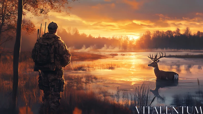 Hunter observing deer in calm wetland at vivid sunrise.