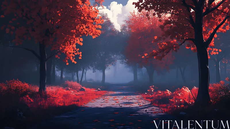 Crimson Forest Path Beneath Ember Canopy