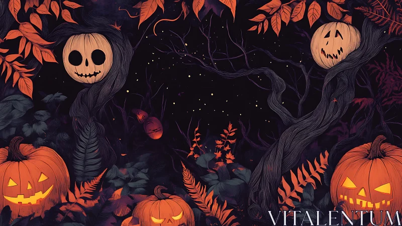 Halloween pumpkins and ghostly trees in dark forest night
