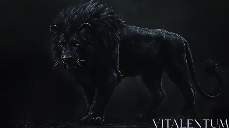 Black lion rendered in high contrast against dark background