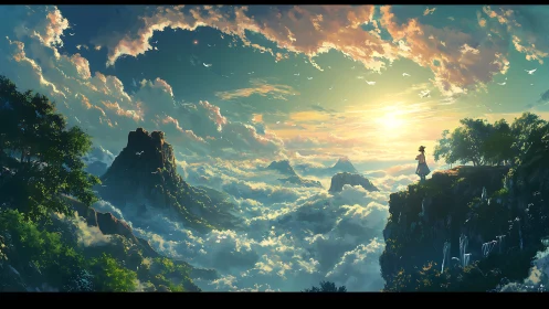 Atmospheric cloud‑sea vista with solitary cliffside observer.