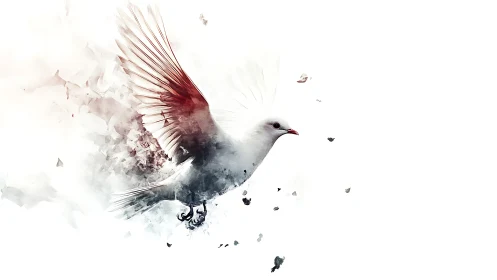 White bird in flight with abstract wing fragmentation effect.