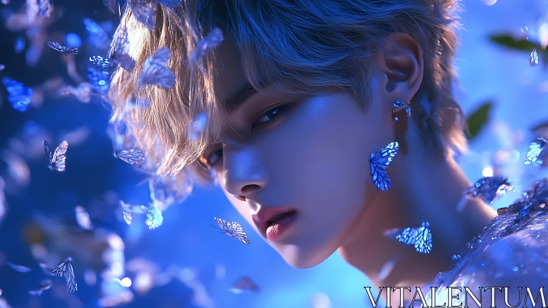 Moonlit muse crowned in luminous blue butterfly whispers.