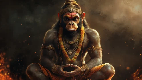 Simian sage of firelit stillness meditates in molten dusk