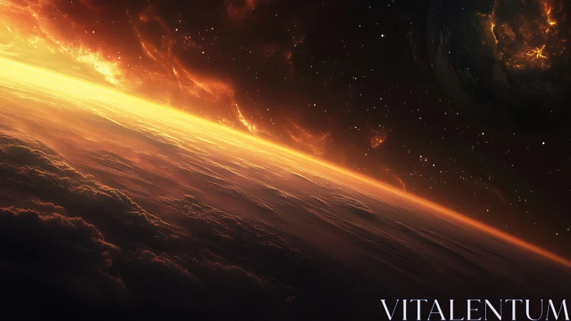 Sunrise over a drifting world bathed in cosmic fire.