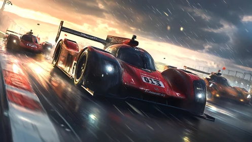Endurance prototype race car powers through wet night circuit.