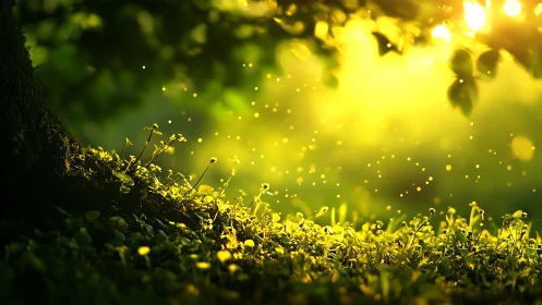 Sunlit Forest Floor with Glowing Particles in Dreamy Style.