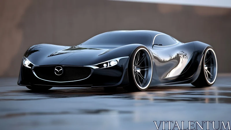 Midnight-black concept car gliding through quiet reflections.