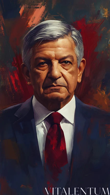 Weathered statesman amid stormy strokes of crimson resolve.