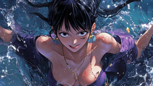 Dynamic anime swimmer emerging from splashing ocean surface