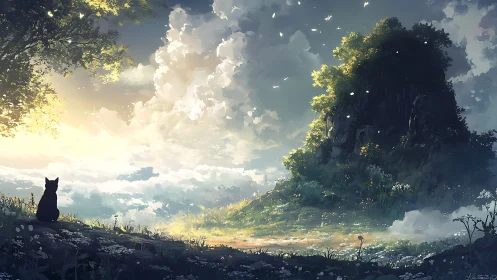 Silent cat consults a cloud-crowned hill at dawn’s edge