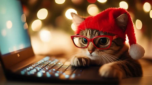 Christmas kitten in red glasses typing on illuminated laptop.