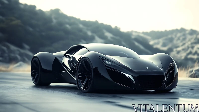 Midnight concept hypercar lounges beneath misty ridgelines