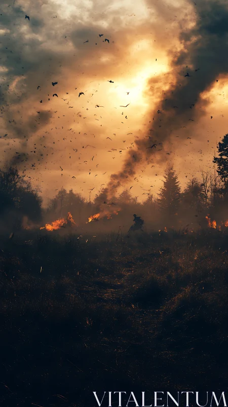 Wildfire Landscape with Smoke Plume and Fleeing Birds