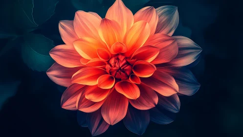 Luminous Dahlia with Radiant Warm Gradient Against Dark Teal