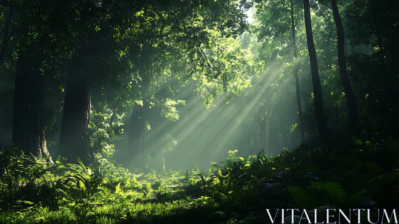 Sunlight streams through an ancient forest canopy.