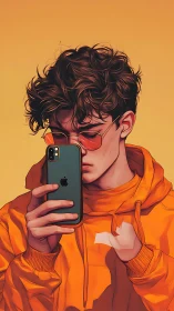 Youthful portrait in orange hoodie with smartphone focus.