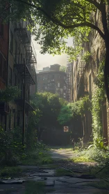 Overgrown urban alleyway renders post-human city quiet
