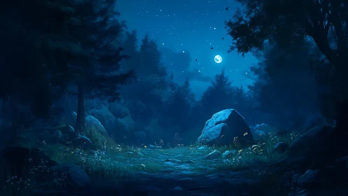 Moonlit forest clearing under deep blue starry sky.