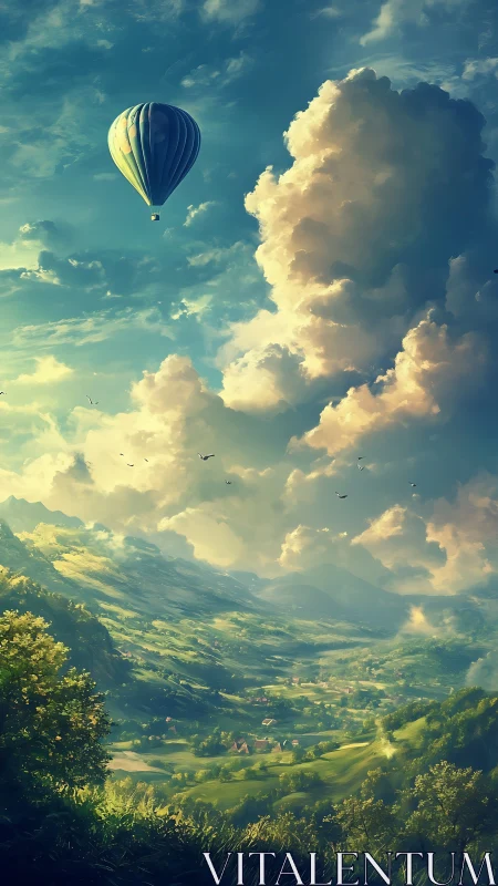 Hot air balloon drifts above sunlit valley and cloud towers