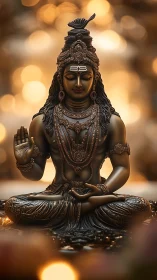 Bronze Shiva sculpture in meditative pose with bokeh glow.