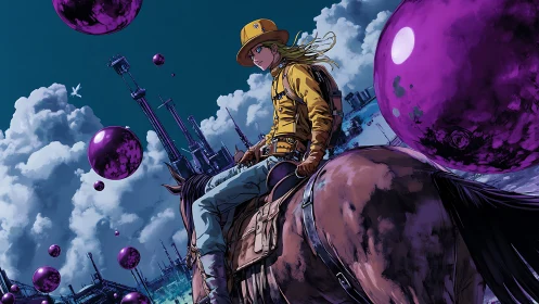 Lone rider surveys a futuristic sky of floating orbs.