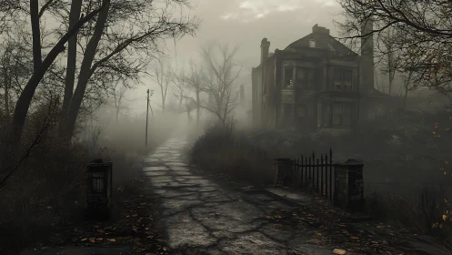Fog-drenched manor broods over a broken autumn roadside.