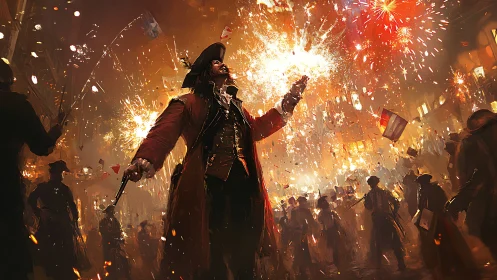 Revolutionary leader revels beneath blazing festival fireworks