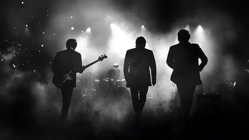 Silhouetted rock band dominates smoky backlit stage.