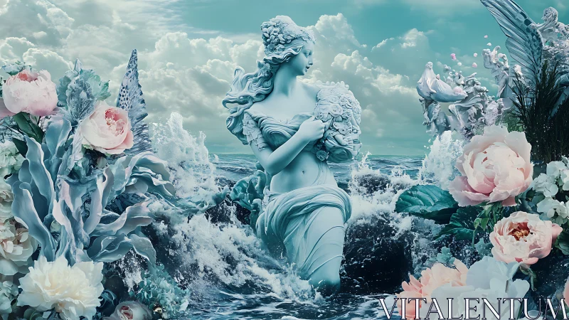 Ocean goddess statue rises amid waves and blooming florals