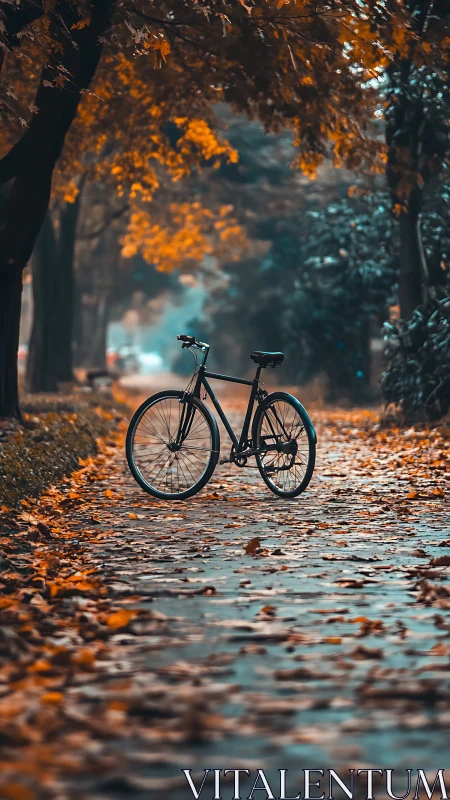 Bicycle rests on autumn path framed by golden foliage canopy.