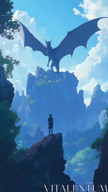 Quiet mountain standoff between lone traveler and dragon.