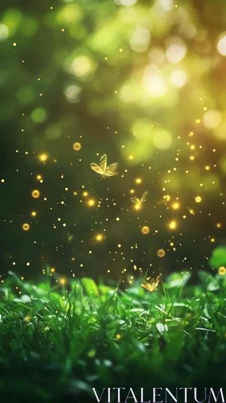 Golden fireflies dancing softly above a dreamy twilight meadow.