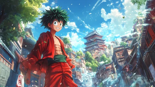 Anime character stands in detailed urban temple environment