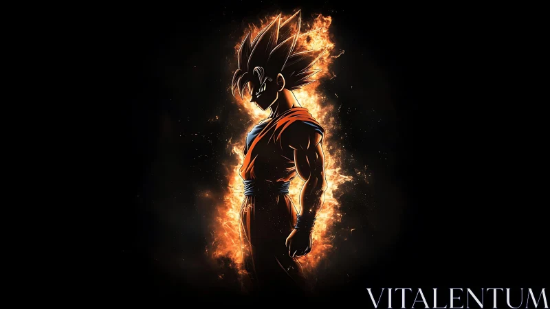 Fiery anime warrior silhouette amid blazing aura glow.