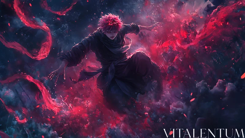 Fierce crimson warrior leaping through swirling stormfire.