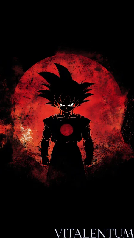 Silhouetted spiky-haired figure before textured red circle.