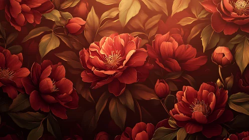 Red Peonies with Golden Foliage on Dark Background Study.
