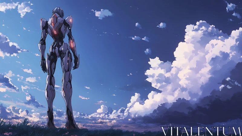 Solitary skyward mech waiting beneath cathedral clouds.