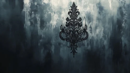 Central ornate black motif is positioned on textured mist background