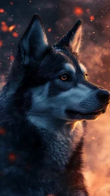 Husky profile portrait against glowing embers at dusk.