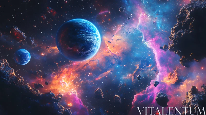 Spectral nebula corridor with twin exoplanets and debris field.