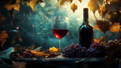 Autumn vineyard still life with red wine glass and bottle.