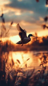Dabbling duck in mid-flight over backlit lake at sunset