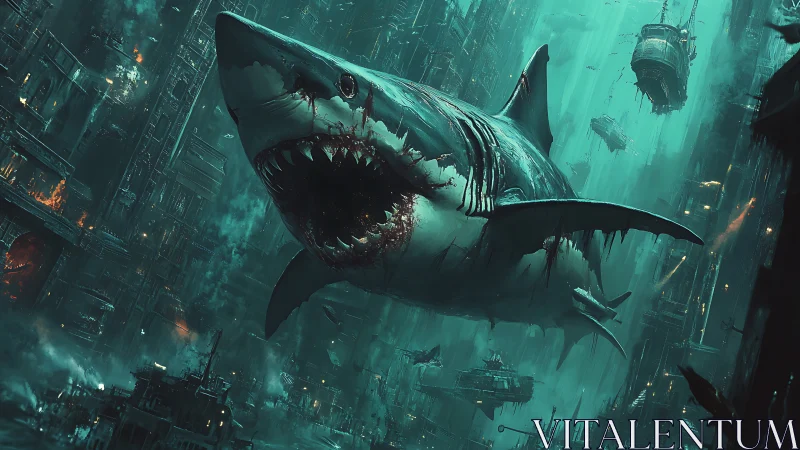 Blood-tide titan shark storms a drowned neon megacity.