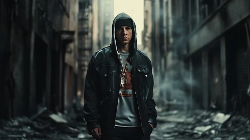 Urban alley portrait of hooded man in dark casual clothing.