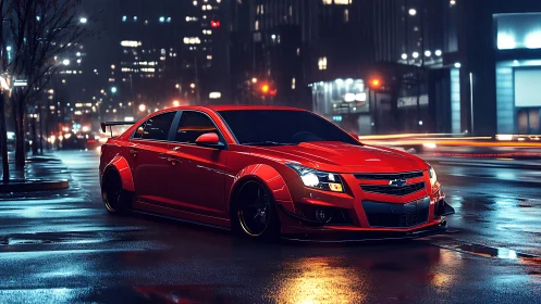 Sleek red sports sedan glows against a rainy midnight city