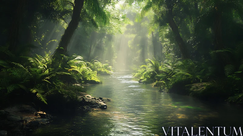 Sunlit Forest Stream Carved Through Dense Tropical Canopy
