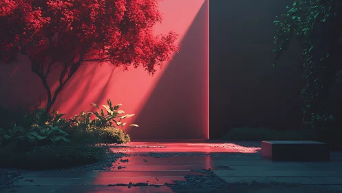 Red tree courtyard under sharp diagonal light at dusk.