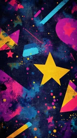 Neon geometric stars over textured midnight canvas field.